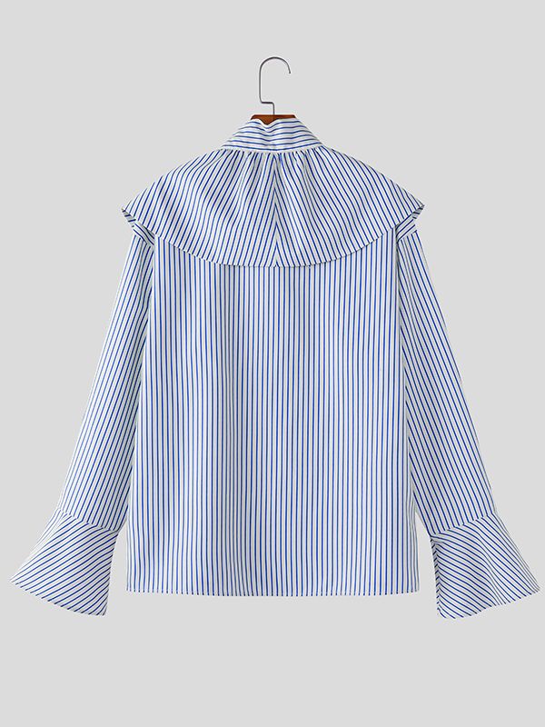 Men's Stripe Shawl Lace Up Flared Sleeve Shirt SKUL47925
