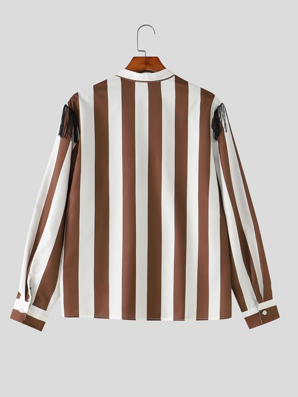 Men's Retro Theatrical Deep-V Fringe Epaulet Bold Striped Shirt SKUL79523