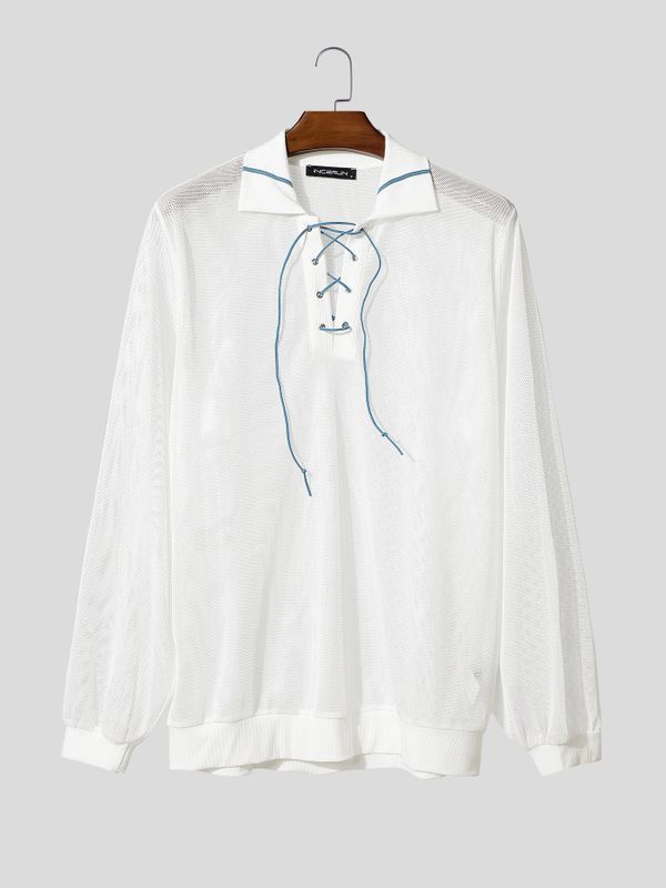 Men's Sheer Hollow Drawstring Long Sleeve Shirt SKUL47629