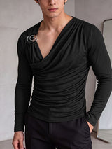 Men's Clean Fit Cocktail Party Metal Ring Accent Draped Ruched Muscle Fit Long Sleeve Asymmetric Neck T-shirt SKUL83113