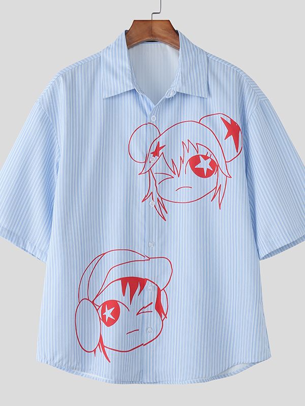 Men's Cartoon Print Stripe Short Sleeve Shirt SKUL46198