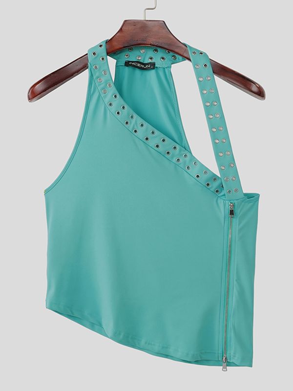 Men's Hardcore Gothic Punk Grommet Halter Asymmetric Side Zipper Tank SKUL60599
