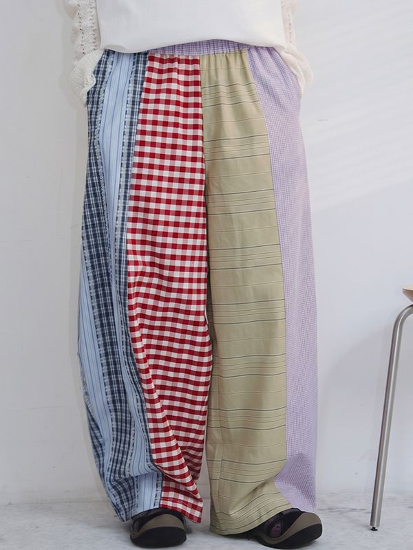 Men's Vintage Japanese Streetwear Patchwork Plaid Wide Leg Balloon Pant SKUL69625