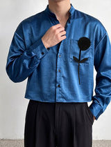 Men's Avant-Garde Gallery 3D Black Rose Applique Silky Satin Waist Length Long Sleeve Mandarin Collar Cropped Shirt SKUL82420