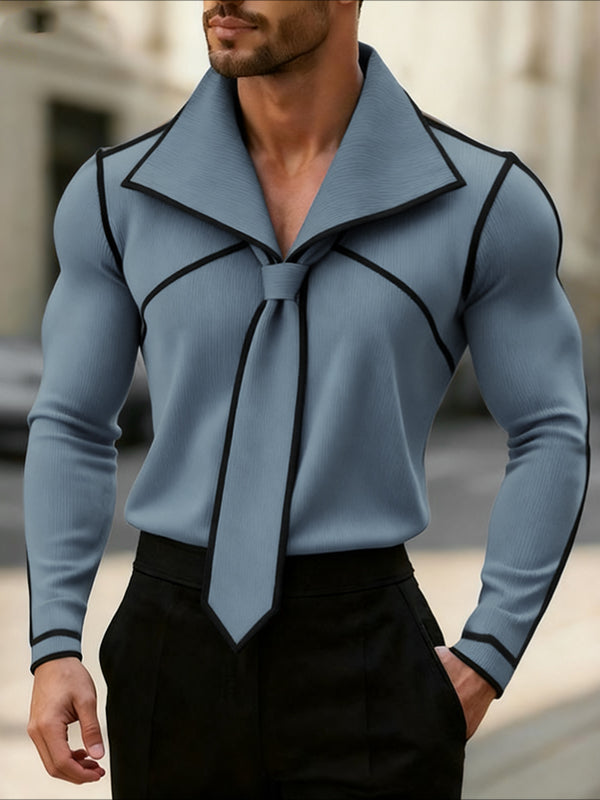 Men's Color Block Textured Knit Long Sleeve Shirt SKUL43805