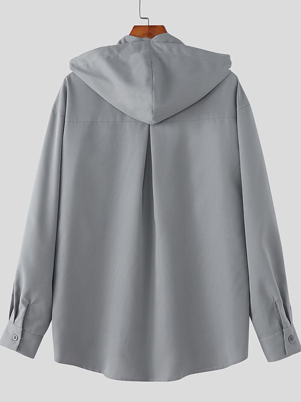 Men's Solid Color Hooded Long Sleeve Shirt SKUL45108