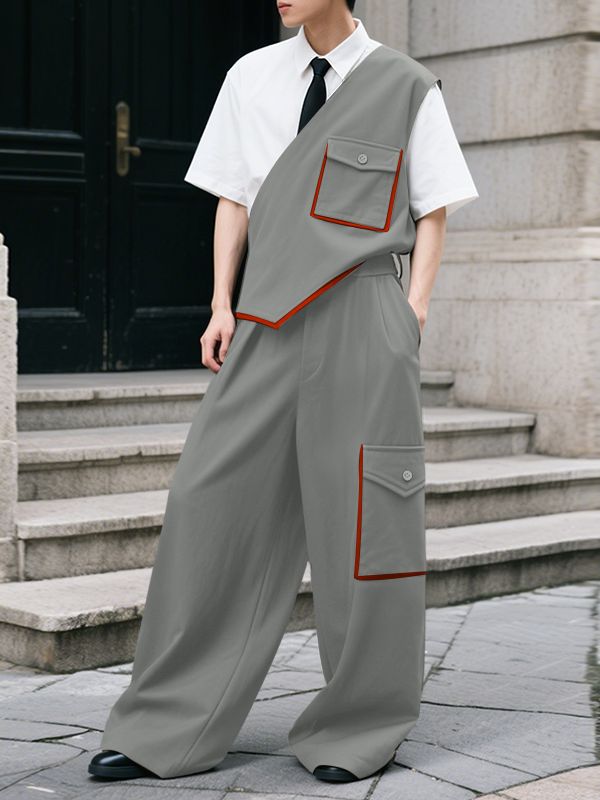 Men's Color Block One Shoulder Two Pieces Outfit SKUL37290