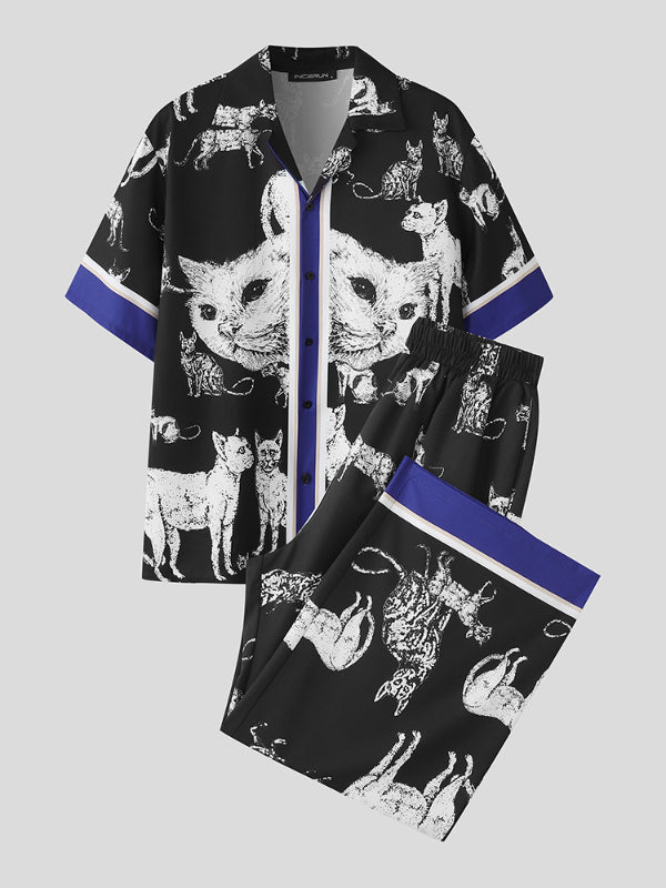 Men's Cat Print Casual Two Pieces Outfit SKUL15159