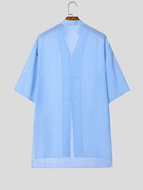 Men's New Chinese Style Sheer Chiffon Frog Button Side Split Long Kimono Shirt SKUL67204