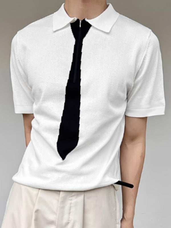 Mens Tie Print Knit Half-Zip Short Sleeve T-Shirt SKUL13638
