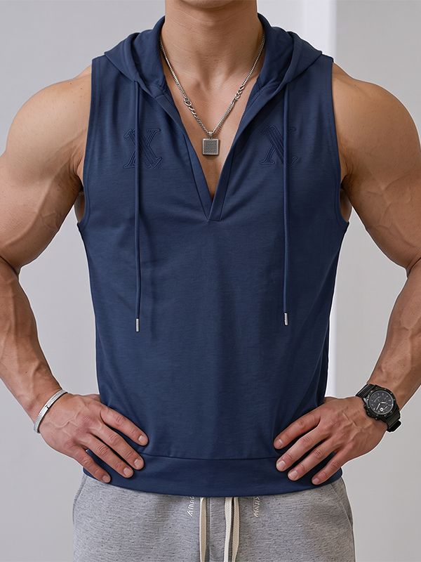 Men's Athletic Gym Deep Split V-Neck Drawstring Hood Muscle Cut Sleeveless Hooded Collar Tank SKUL80622