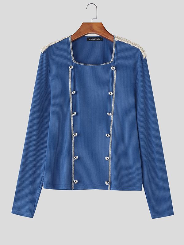 Men's Metal Buckle Webbing Decorated Knitted Long Sleeve Sweater SKUL39036