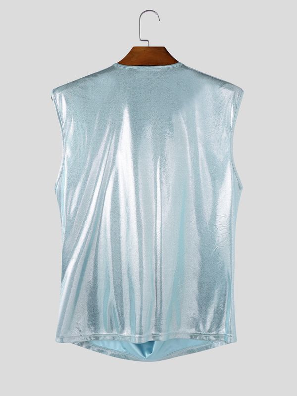 Men's Futuristic Disco Metallic Foil Deep V-Neck Cowl Neck Sleeveless Tank SKUL63145