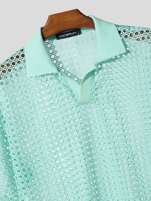 Men's Solid Color Sheer Mesh Turn Down Collar Two Pieces Outfit SKUL58676