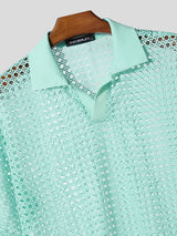 Men's Solid Color Sheer Mesh Turn Down Collar Two Pieces Outfit SKUL58676