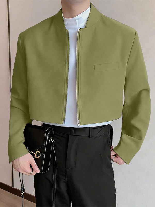 Men's Solid Color Stand Collar Cropped Long Sleeve Blazer SKUL46005