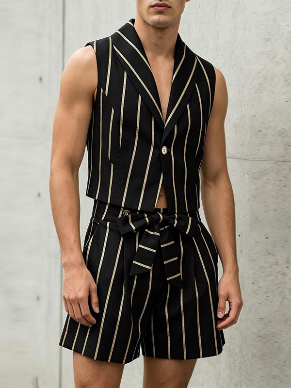 Men's Avant-Garde Striped Cropped Lapel Two Pieces Outfit SKUL61886