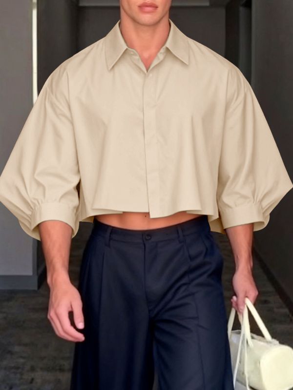 Men's Solid Color Cropped Puff Sleeve Shirt SKUL42634