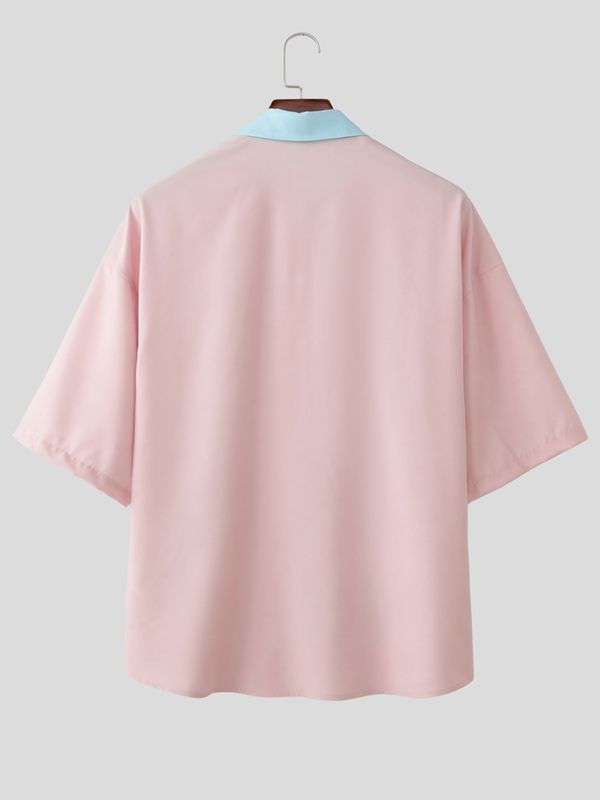Men's Japanese Harajuku Cute Cartoon Rabbit Graphic Contrast Collar Short Sleeve Shirt SKUL59667