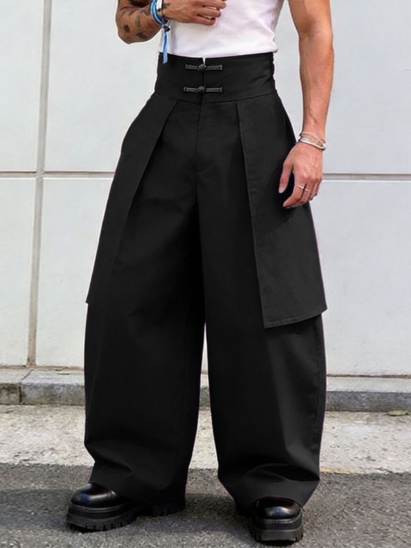 Men's Panel Patchwork Frog Button Wide Leg High Waist Pant SKUL59497
