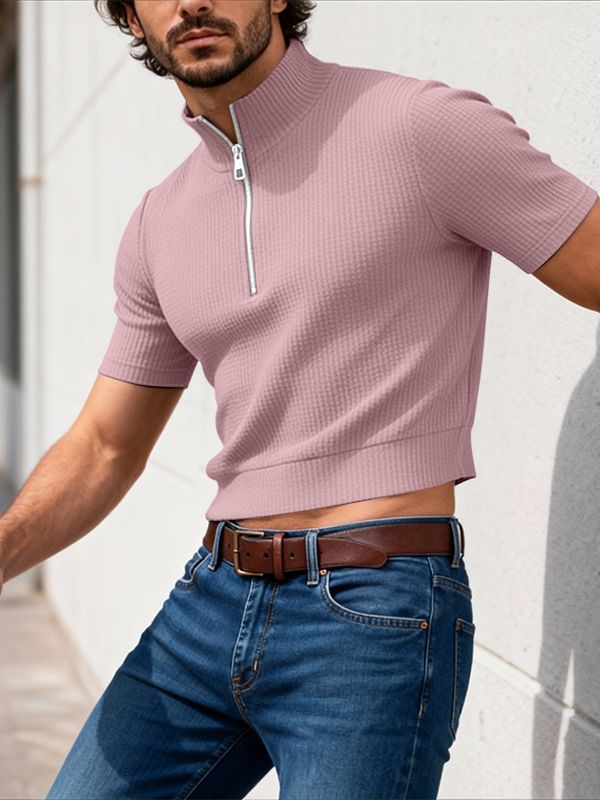 Men's Solid Color Textured Zip Short Sleeve T-shirt SKUL54063