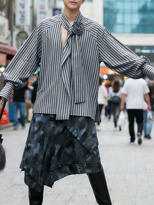 Men's Floral Twist Striped Long Sleeve Shirt SKUL47647