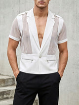 Men's Avant-Garde Mesh Patchwork Epaulet Zipper Short Sleeve Blazer SKUL63851