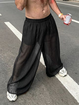 Men's Vintage Boho Sheer Mesh Plated Crinkled Loose Straight Wide Leg Pant SKUL70412
