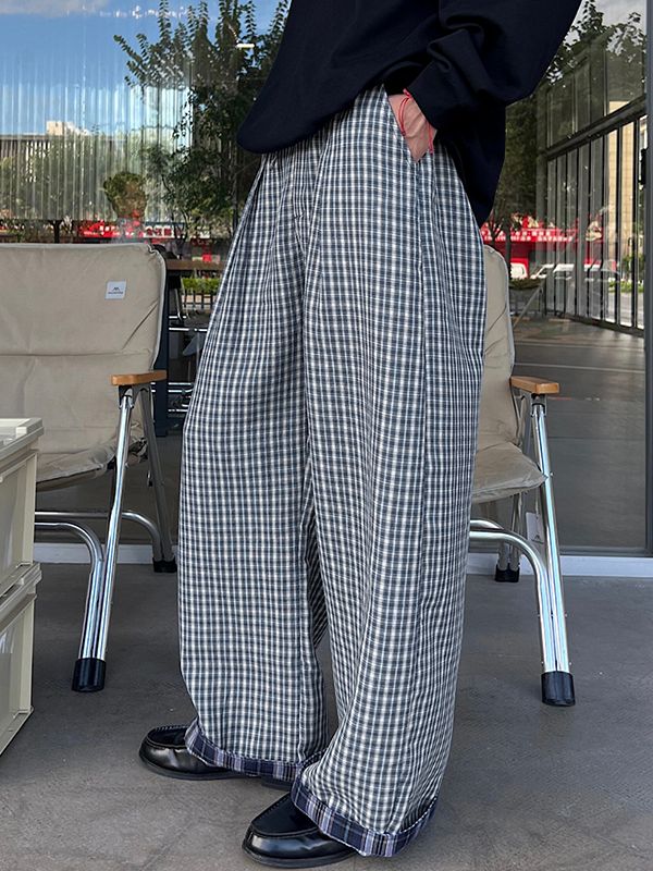 Men's Vintage Cityboy Gingham Plaid Contrast Layered Cuff Baggy Wide-Leg Pant SKUL69700