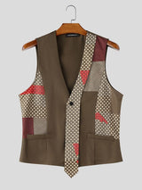 Men's Vintage Patchwork Faux-Tie Tailored Suit Waistcoat SKUL66931