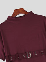 Men's Avant Garde Darkwear Harness Strap Asymmetrical Mock Neck Short Sleeve T-shirt SKUL64161