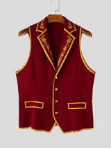 Men's Retro Party Gold Floral Embroidery Contrast Trim Sleeveless Lapel Collar Waistcoat SKUL76451