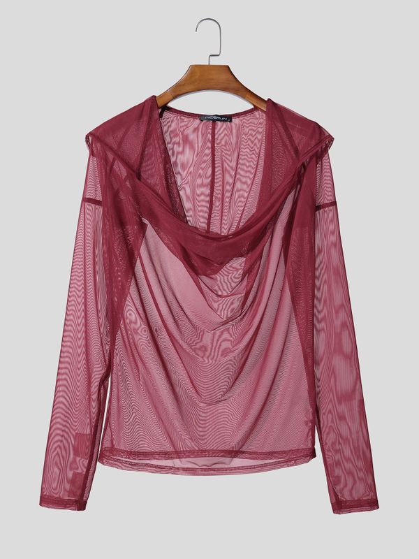 Men's Sheer Mesh Draped Neck Hooded Long Sleeve T-shirt SKUL54056