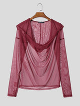 Men's Sheer Mesh Draped Neck Hooded Long Sleeve T-shirt SKUL54056