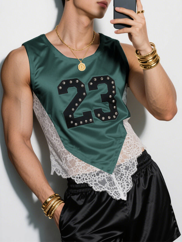 Men's Lace Patchwork Number Print Tank SKUL22799