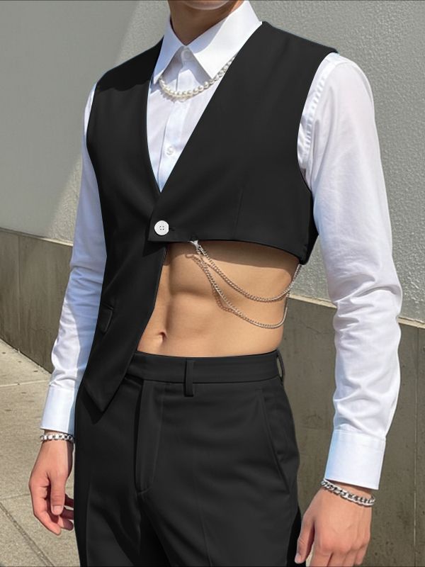 Men's Solid Color Deconstructed Cropped Waistcoat SKUL53021