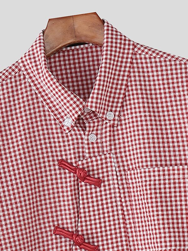 Men's Plaid Chinese Knot Long Sleeve Shirt SKUL50075