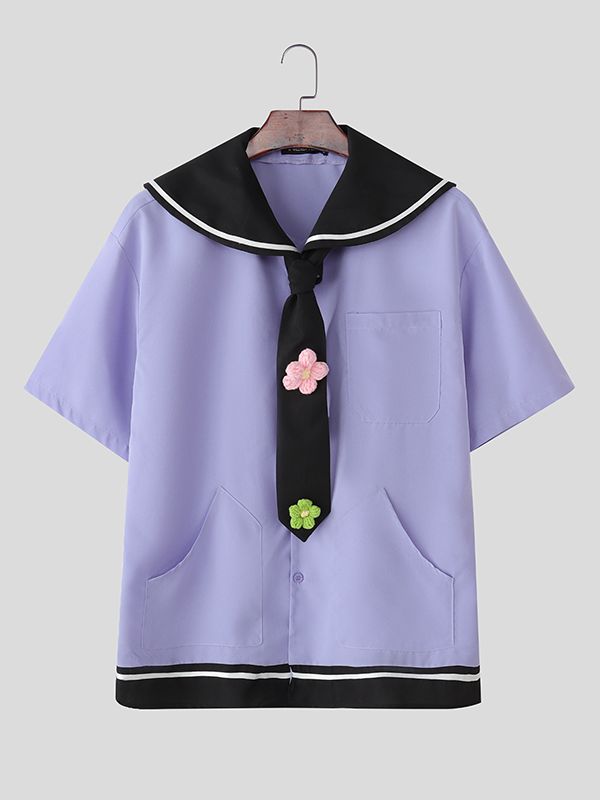 Men's Preppy Sailor Collar Contrast Color Short Sleeve Shirt SKUL41203