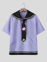 Men's Preppy Sailor Collar Contrast Color Short Sleeve Shirt SKUL41203