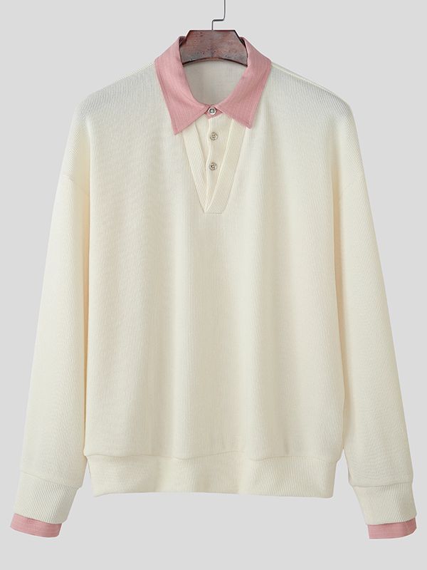 Men's Solid Color Striped Turn Down Collar Long Sleeve Shirt SKUL43649