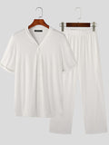 Mens Solid Ribbed V-Neck Two Pieces Outfits SKUK07309