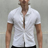 Men's Solid Color Ruffle Patchwork Short Sleeve Shirt SKUL57656