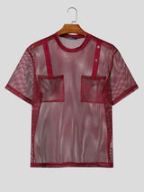 Men's Avant-Garde High Street Sheer Fishnet Mesh Button Detail Cargo Pocket T-shirt SKUL65245