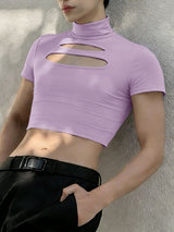 Men's Streetwear Slim Fit Chest Cut Out Mock Neck Cropped T-shirt SKUL51882