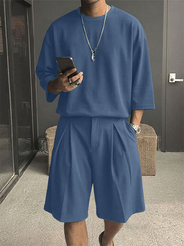 Men's Solid Color Crew Neck Two Pieces Outfit SKUL54069