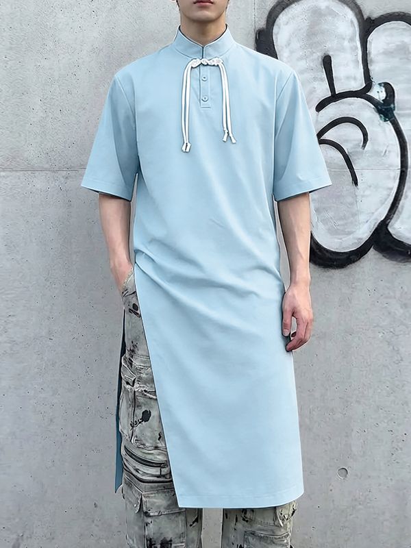 Men's Contrast Tie Asymmetrical High Split Longline Shirt SKUL55396