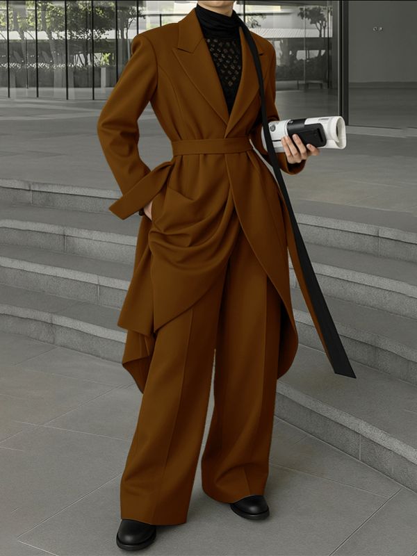 Men's Solid Color Long Hem Tie Two Pieces Outfit SKUL32861