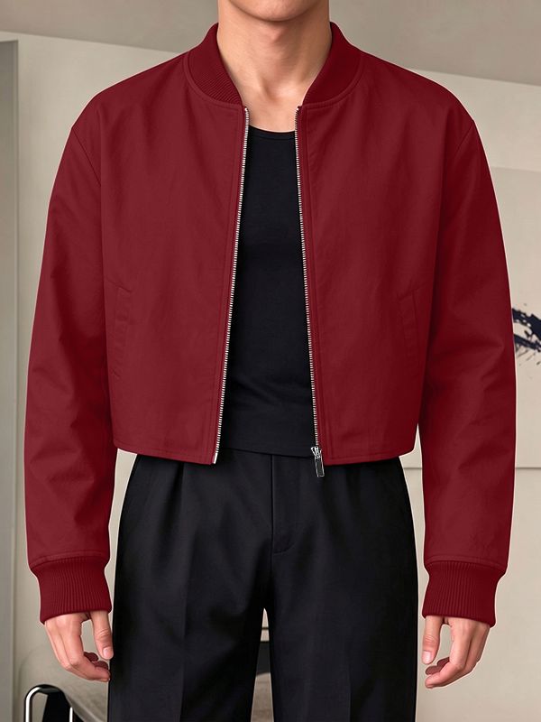 Men's Clean-Fit Minimalist Daily Commute Ribbed Stand Collar Zipper Boxy Jacket SKUL86037