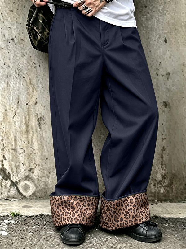 Men's Retro High Street Leopard Turn-Up Cuff Pleated Full Length Wide Leg Pant SKUL79225