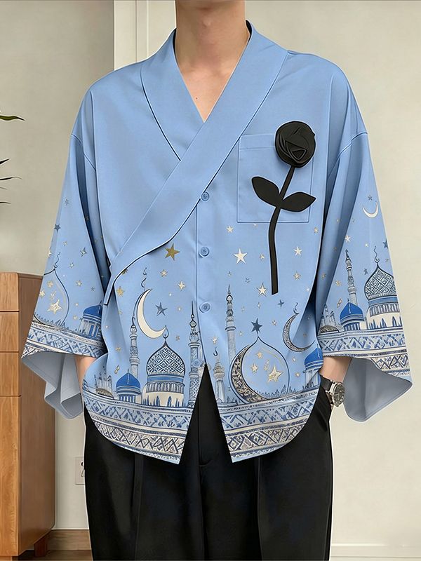 Men's Starry Moon Mosque Print 3D Rose Patch Loose Half-Sleeve Shirt SKUL61927